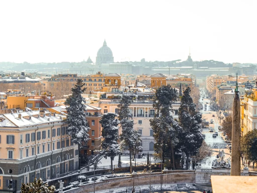 Rome with a dusting of snow.  St Peters Basillica in the background