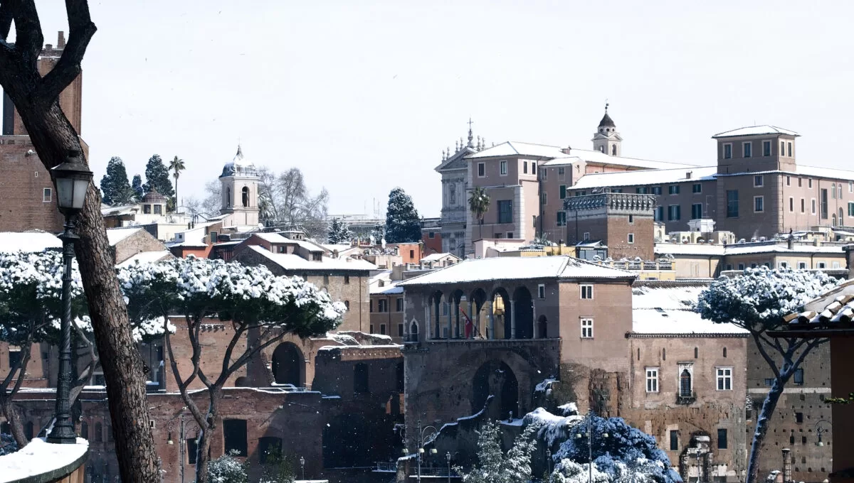 Buildings in Rome covered in Snow