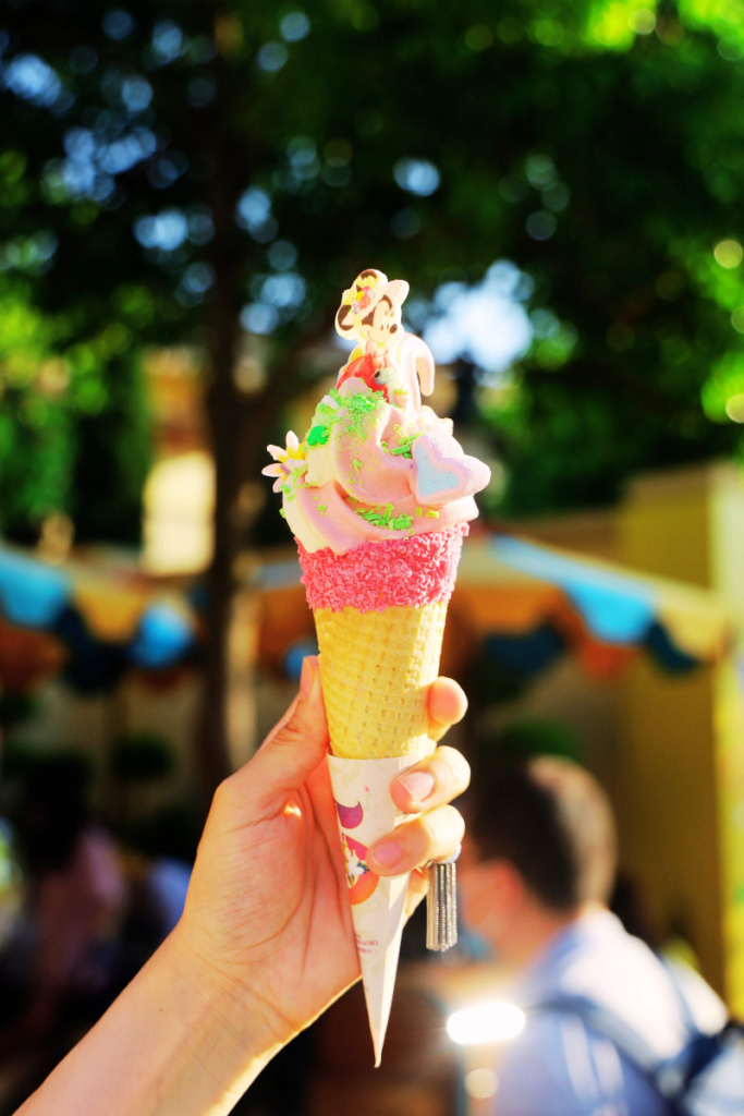 Multicolored, muti-tiered soft serve ice cream cone