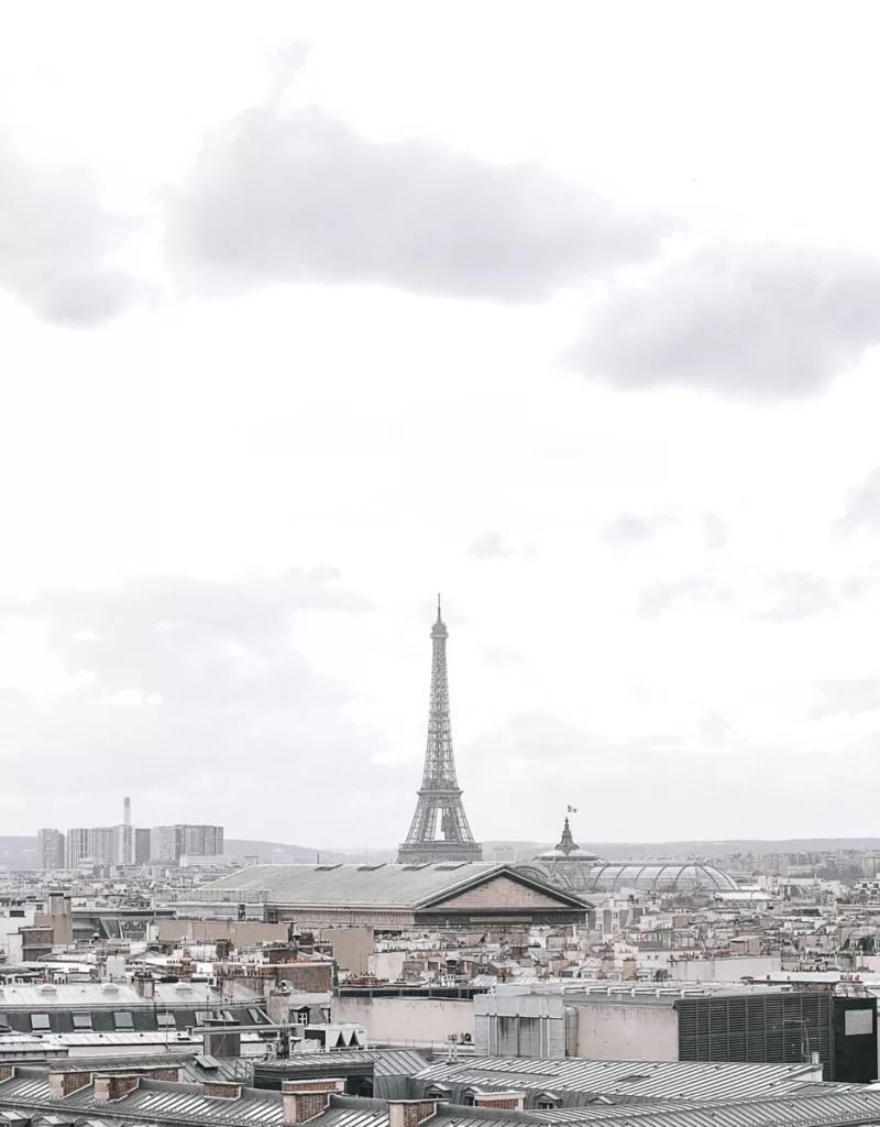 Eiffel tower in the distance with the expansive city line of Paris.  The sky is gray and dreary. 