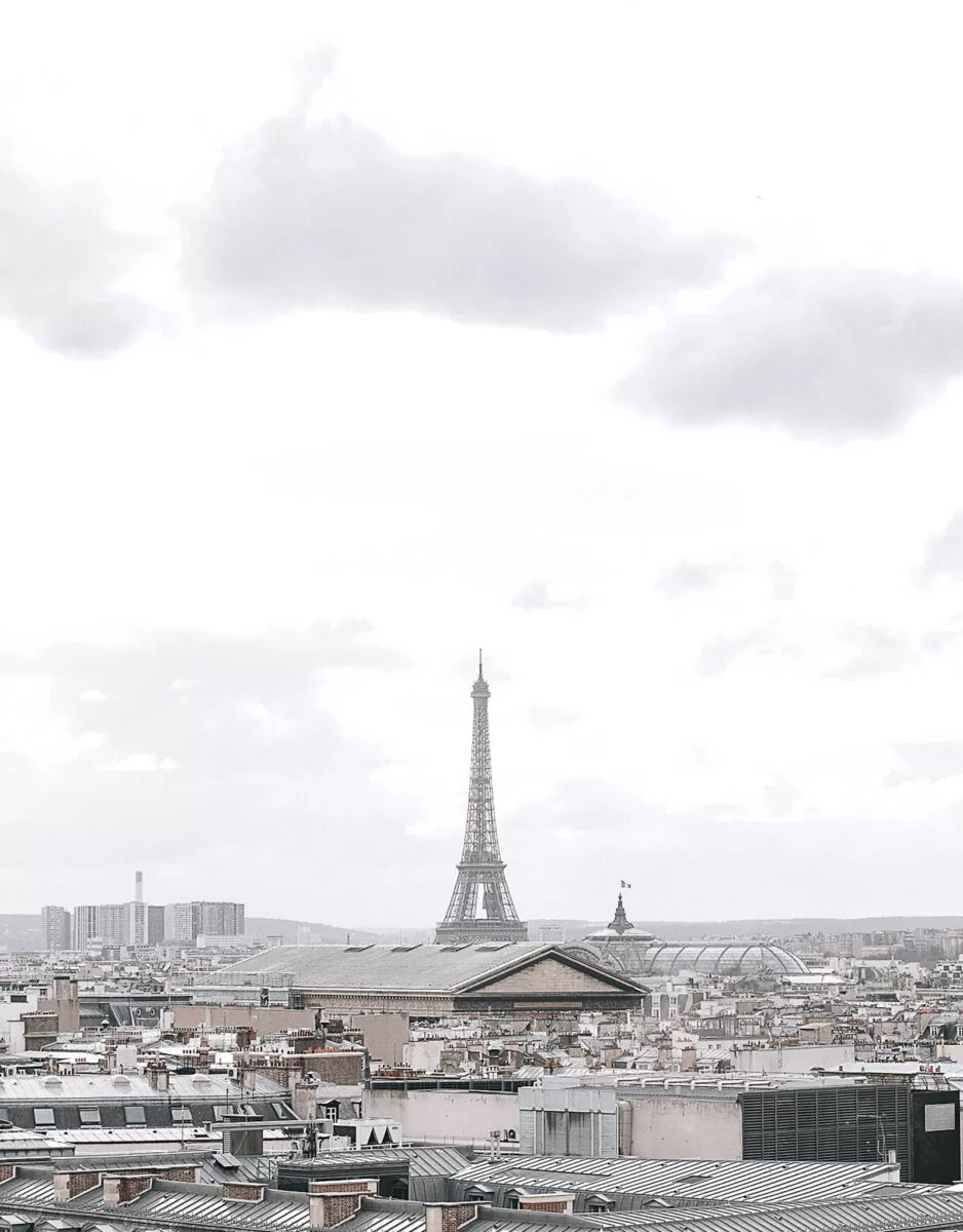 Eiffel tower in the distance with the expansive city line of Paris. The sky is gray and dreary.