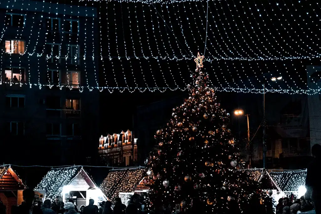 Christmas tree lit up at night. 