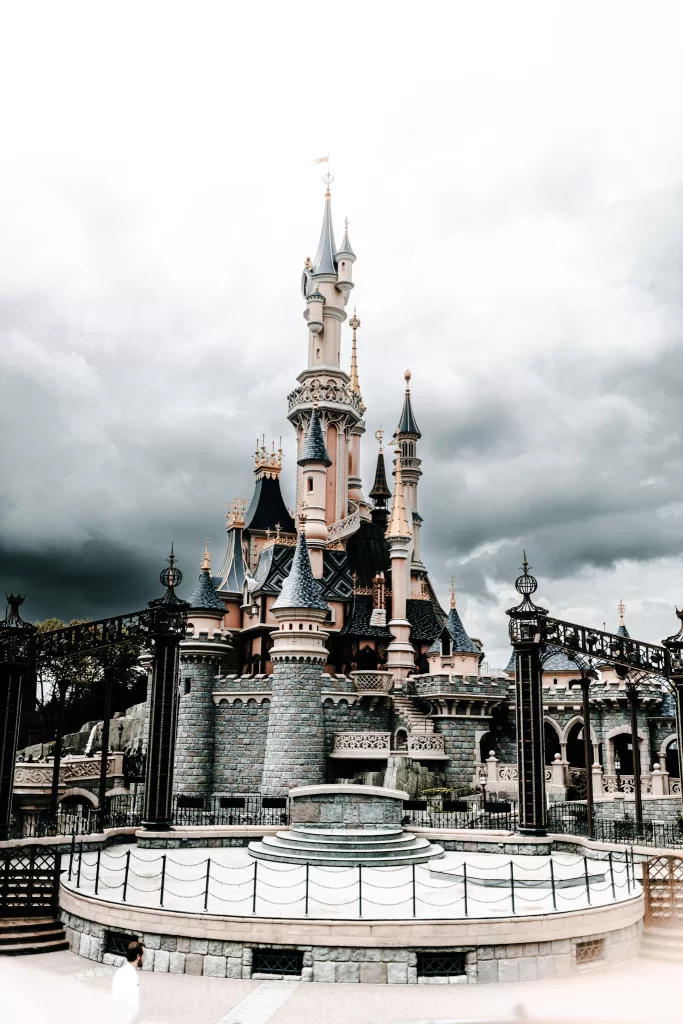 Castle at Disney land Paris. Light pink turrets. 