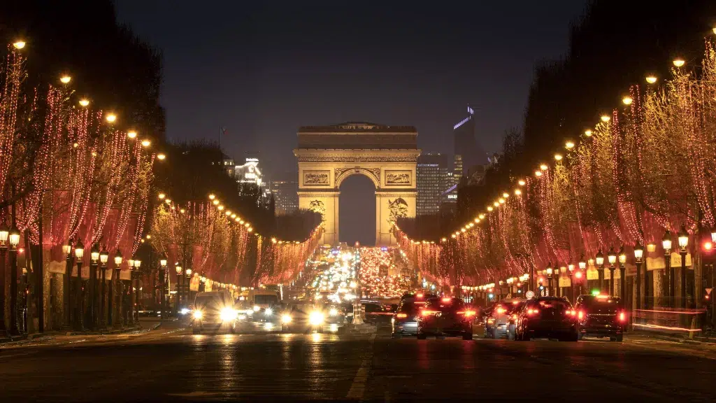 Champes Elyse at Christmas time with christmas lights in the trees that line the famous BLVD. 