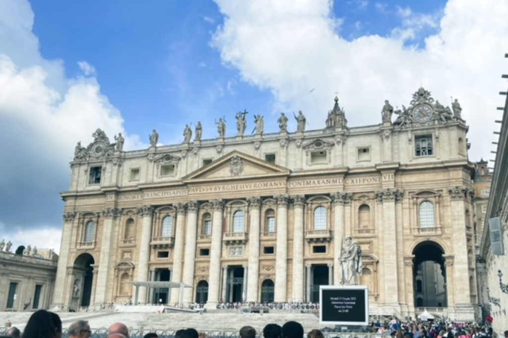 St Peter's Basillica in Rome.  Large building with ornate architecture