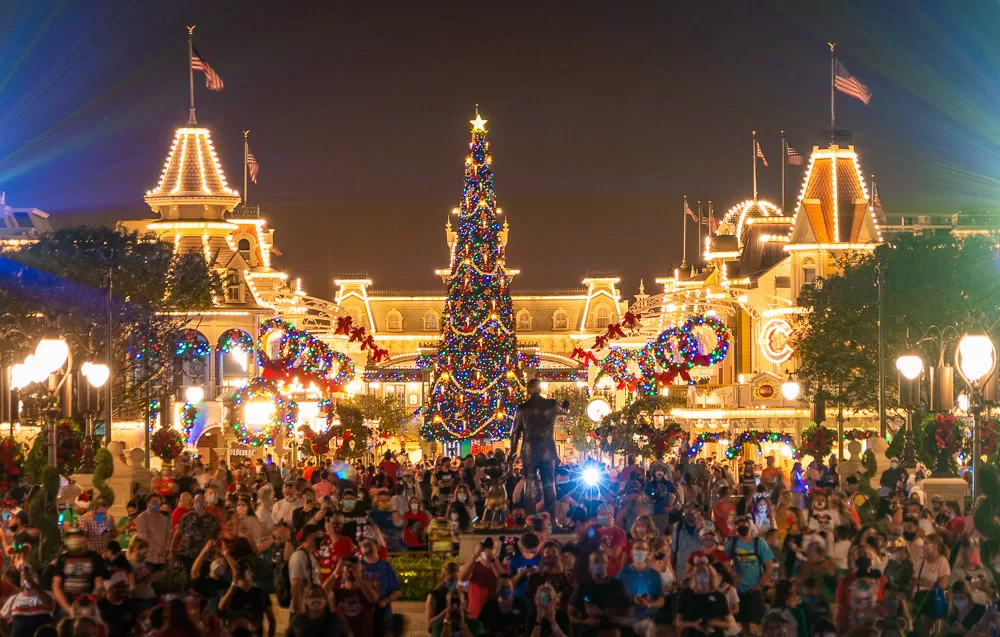Magic Kingdom lit up with christmas lights