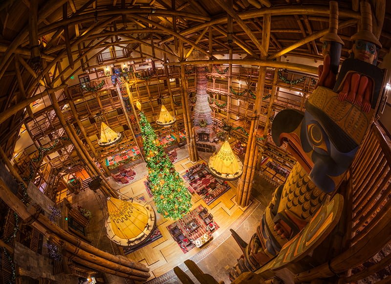 GIANT christmas tree in lobby of wilderness lodge in Disney World 