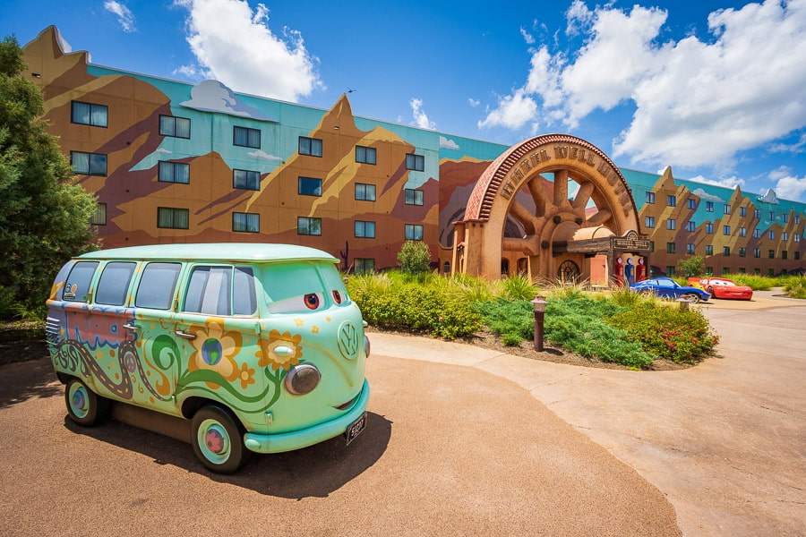 Large bus statue in cars themed hotel at disney world
