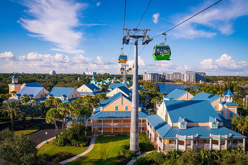 Skyliner gondolas going over a hotel in Disney world