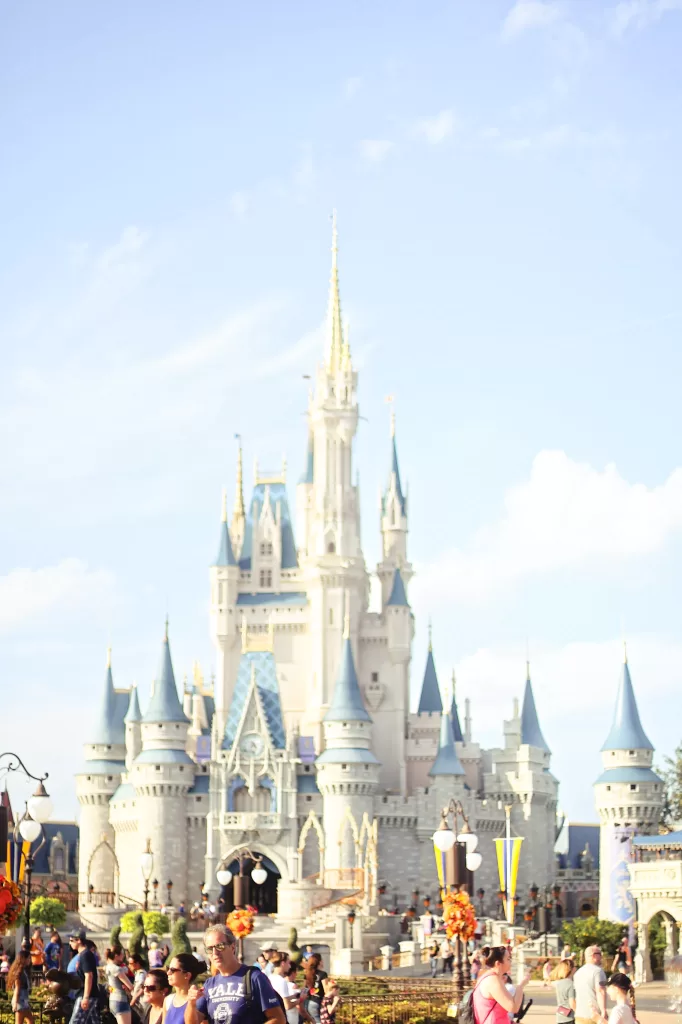 Cinderellas castle in Magic Kingdom.  The castle is white and blue