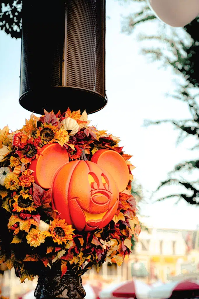 Fall wreath with a mickey shaped jack o lantern.  Is Mickey's Not So Scary Halloween Party good for toddlers?
