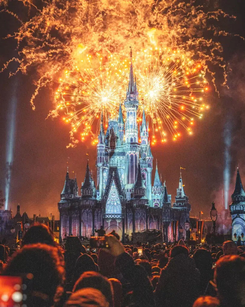 Is Mickey's Not so Scary Halloween Party good for toddlers.  Orange fireworks in the sky over Disney worlds castle. 