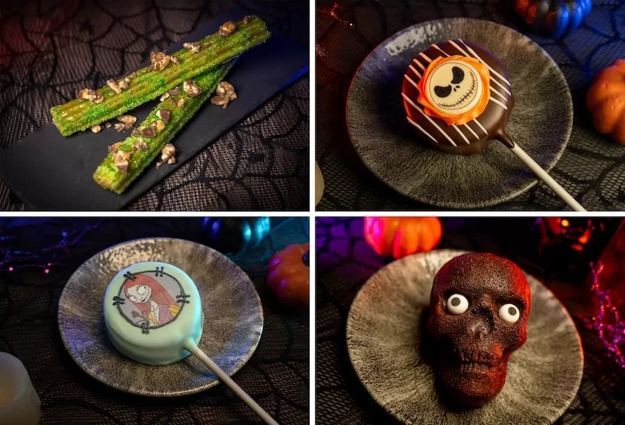 Green churros, halloween inspired cake pops with Jack and Sally from the nighmare before christmas and a chocolate skull.  These are snacks at the halloween party at Disney World