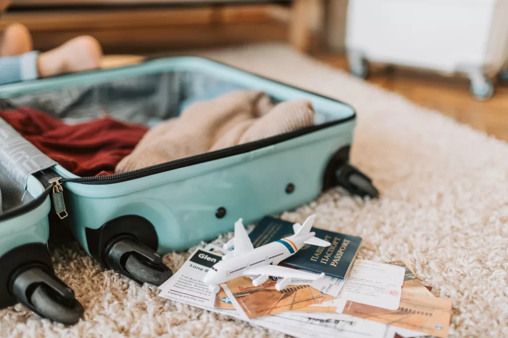 Black and Green Luggage Bag on Brown Carpet.  Best luggage for cruise