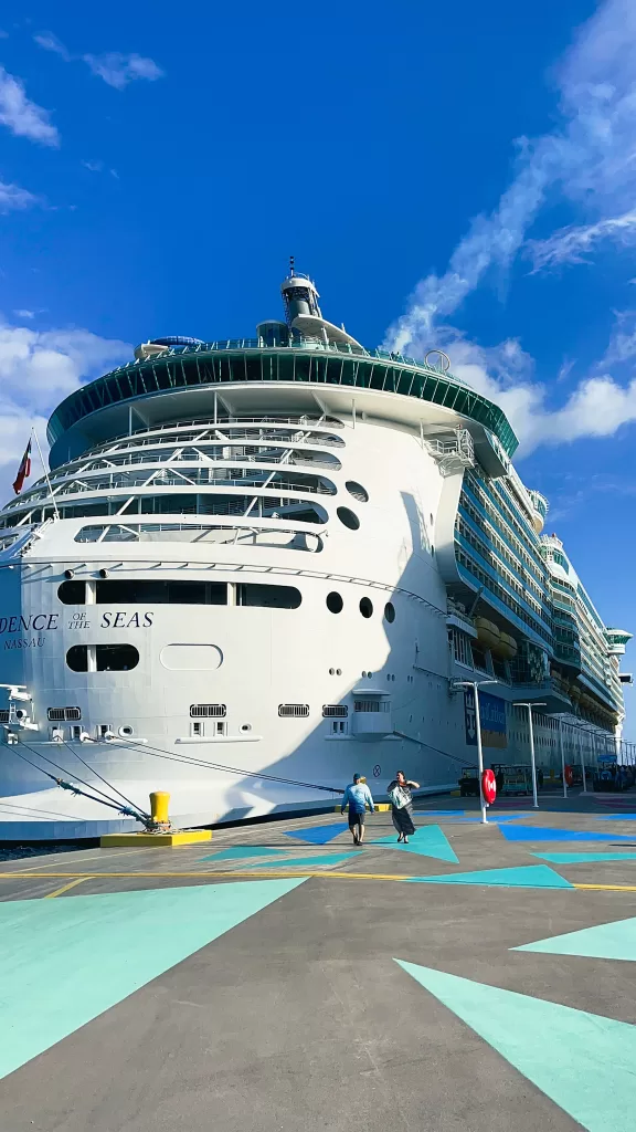 Large cruise ship parked on a concrete dock