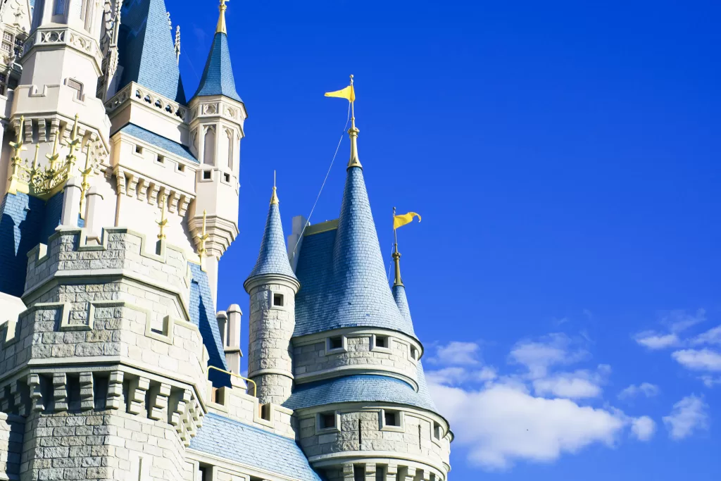 Blue Turrets on Castle at Disney World with blue sky behind