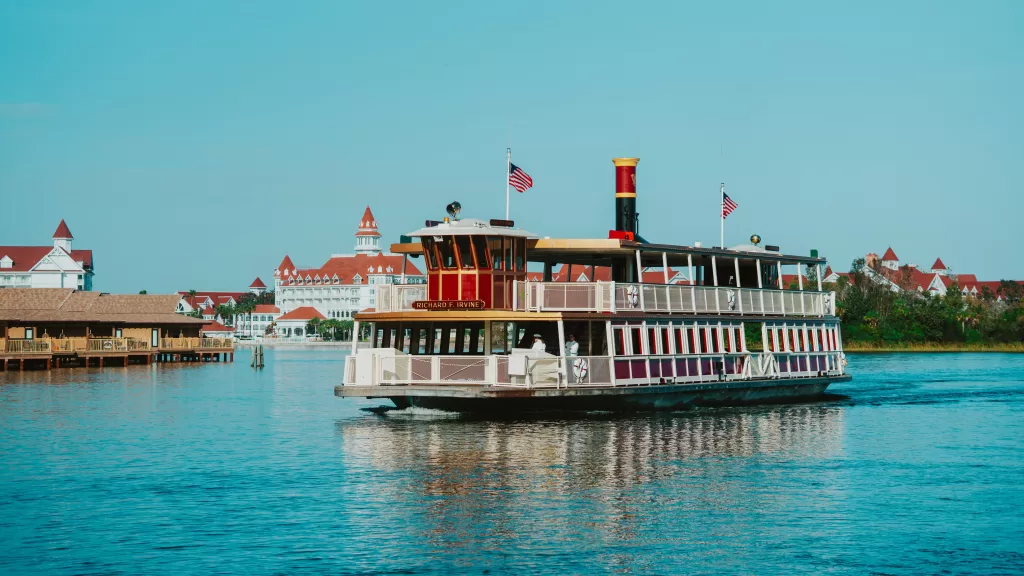 White and red ferry boat on the Seven Seas Lagoon At Walt Disney World