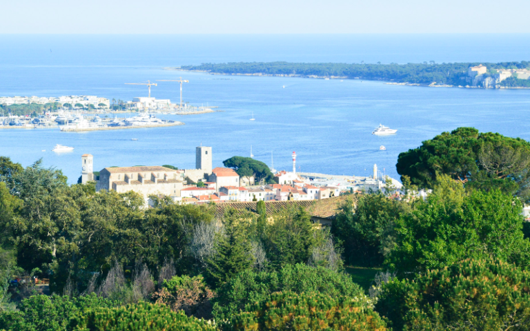 Blue ocean(mediterranean sea) overlooking the port of cannes. Cannes Cruise ship port