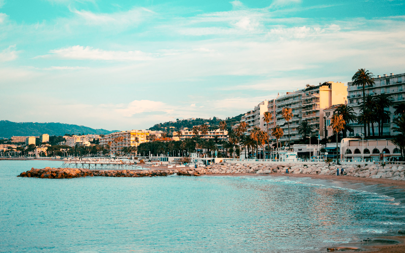 Beautiful white and colorful buildings along the mediterranean sea in cannes
