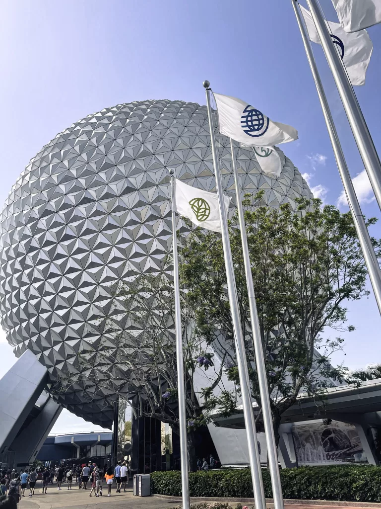 Large round sphere at Disney Worlds Epcot Park.  What to wear to disney world in march