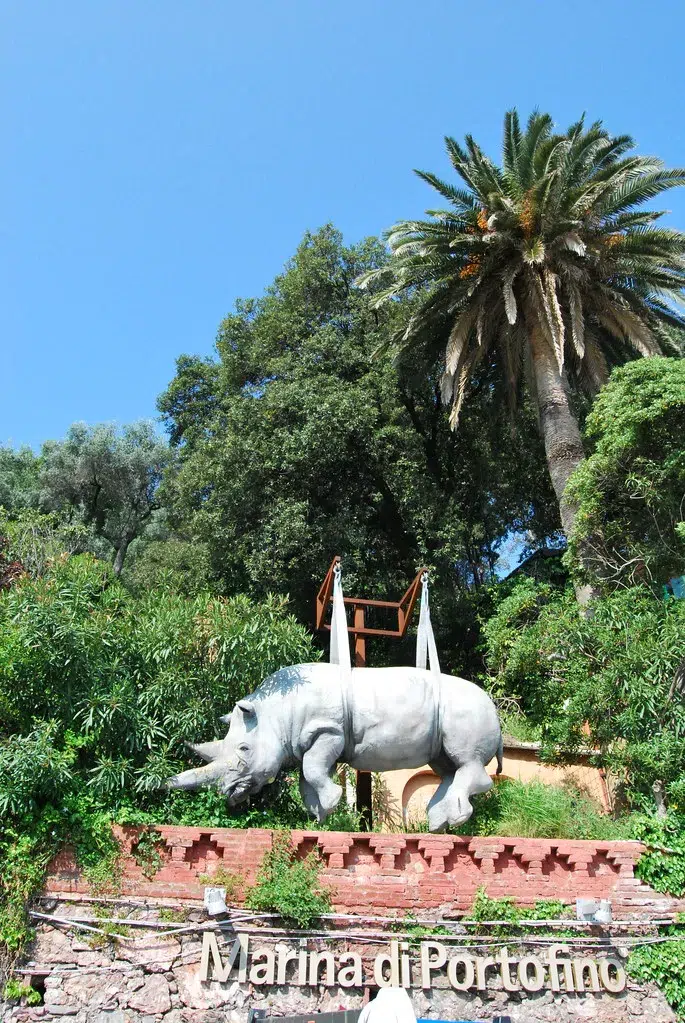 rhino statue in marina of portofino