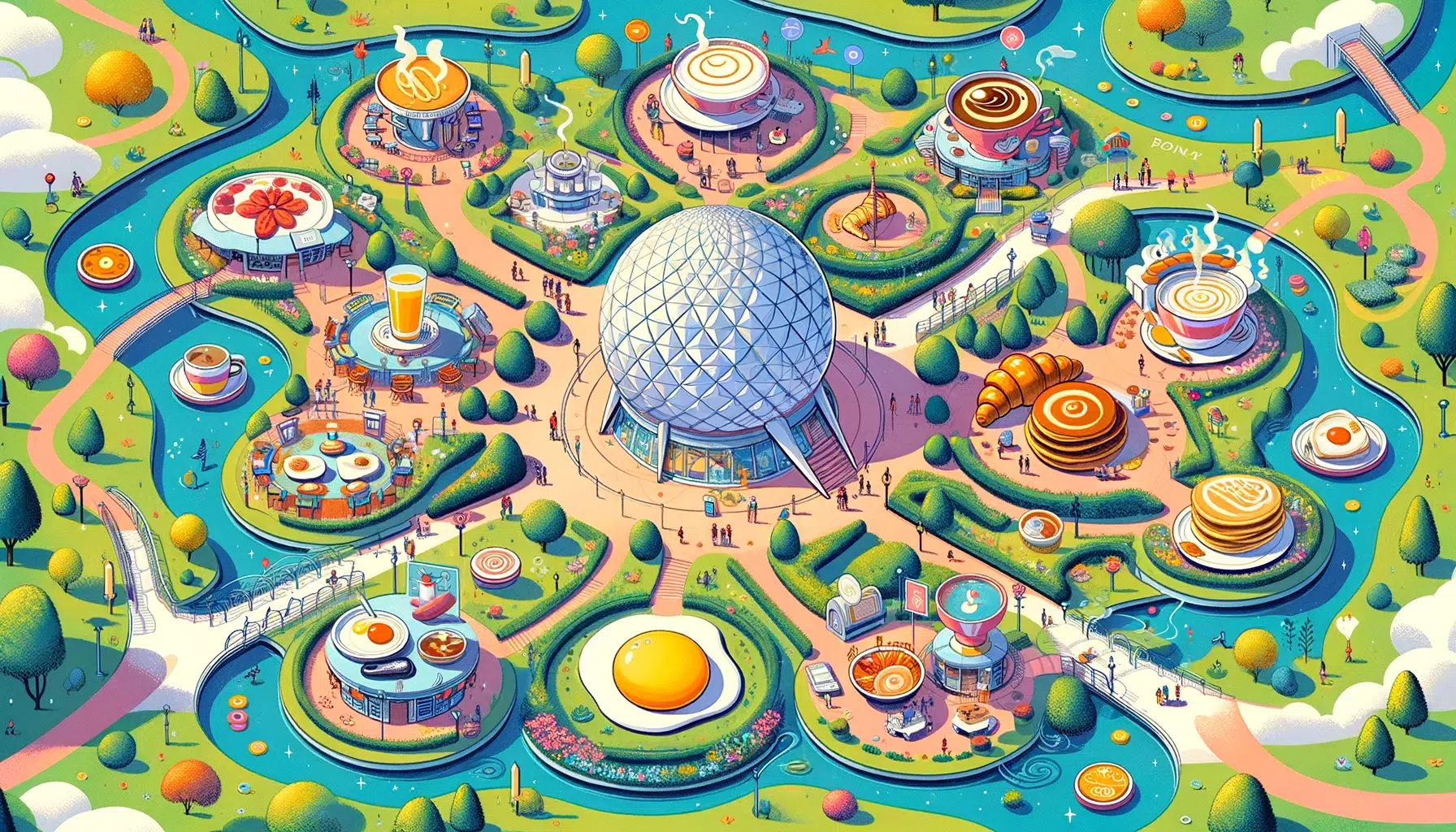 Map of epcot in cartoon form. There are cartoon breakfast items surrounding the famous spaceship earth.