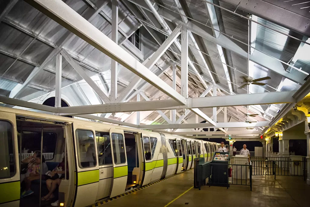 Green monorail at the monorail station at grand floridian